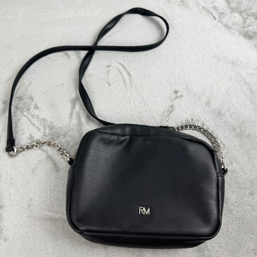 Rebecca Minkoff Black Leather Crossbody Bag Silver Chain Strap RM‎ Logo